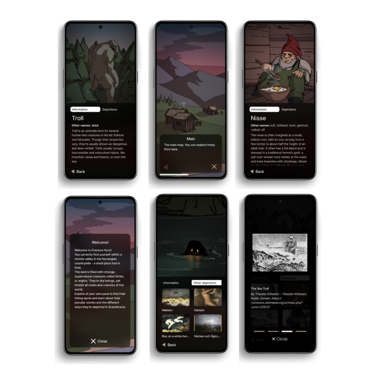 Mockups of six pages from the mobile version