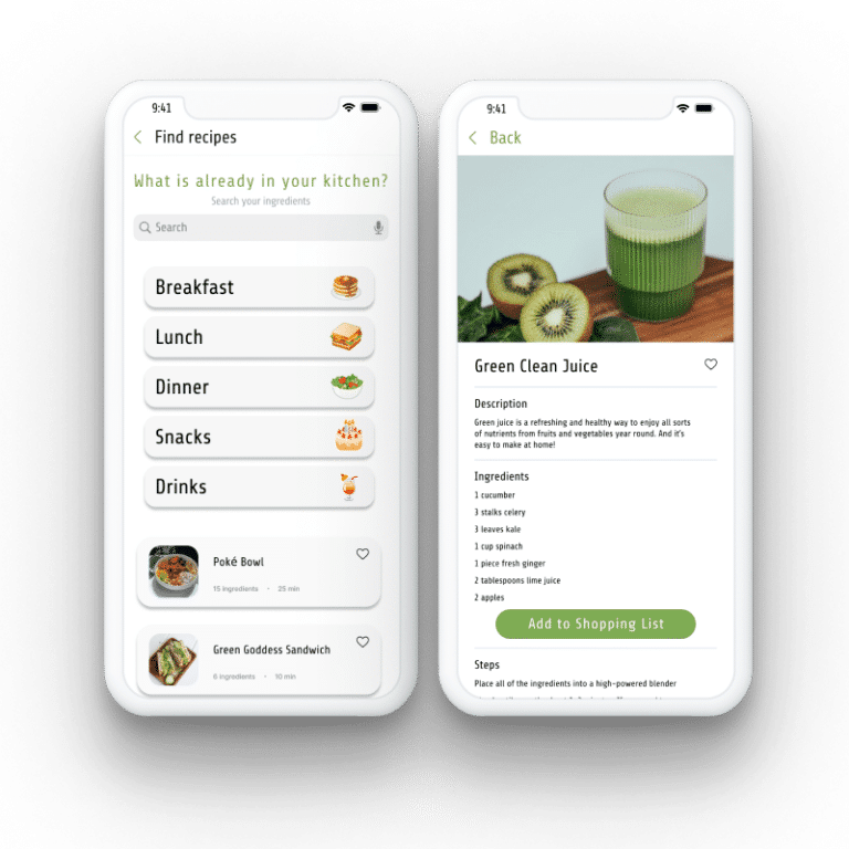 Screen designs of recipe category screens and the green juice recipe screen